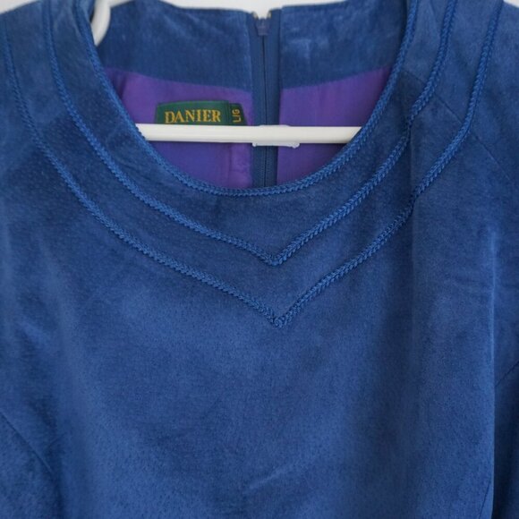 Vintage Danier Blue 100% Suede Leather Short Sleeve Midi Dress Large - Picture 4 of 13